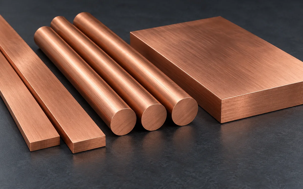 AI-generated illustration of copper flat bars, round rods and plate on a dark neutral surface.