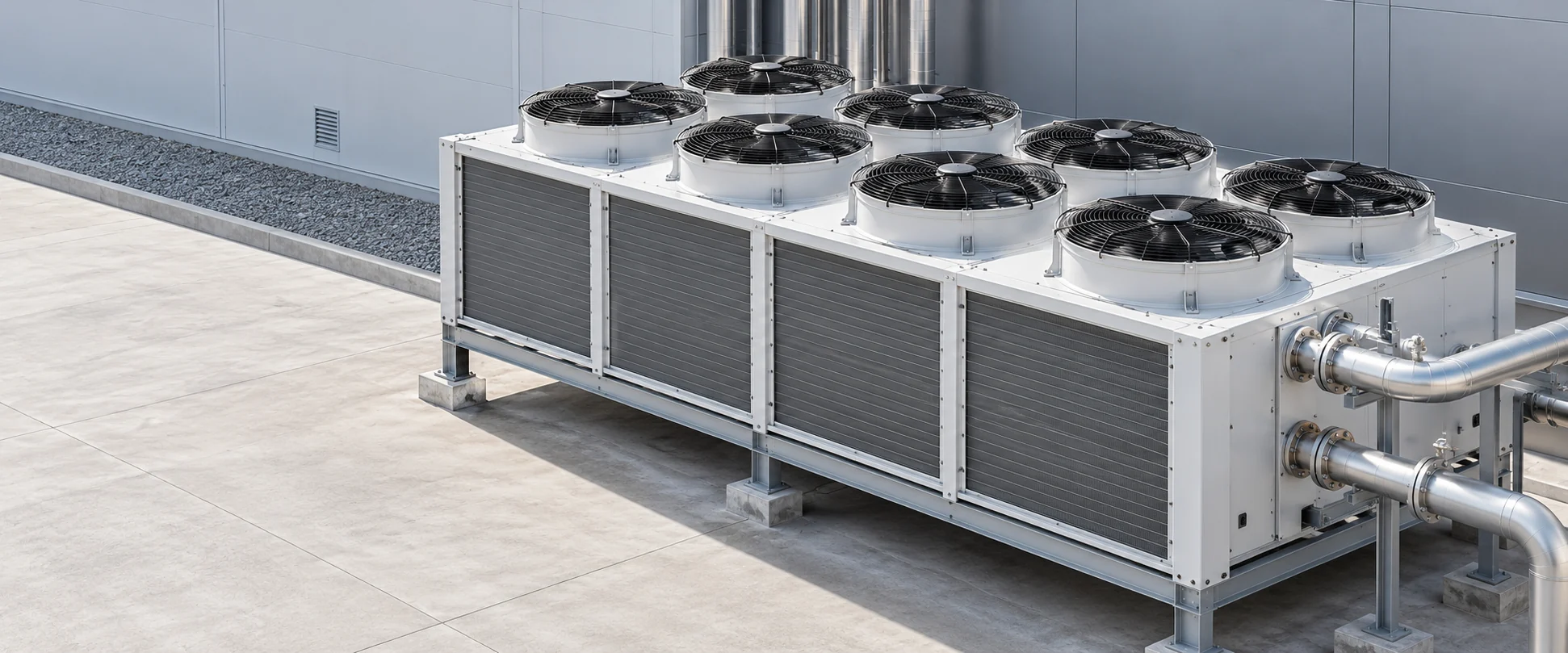 AI-generated illustration of industrial cooling equipment with axial fans, finned heat exchangers and pipe headers.