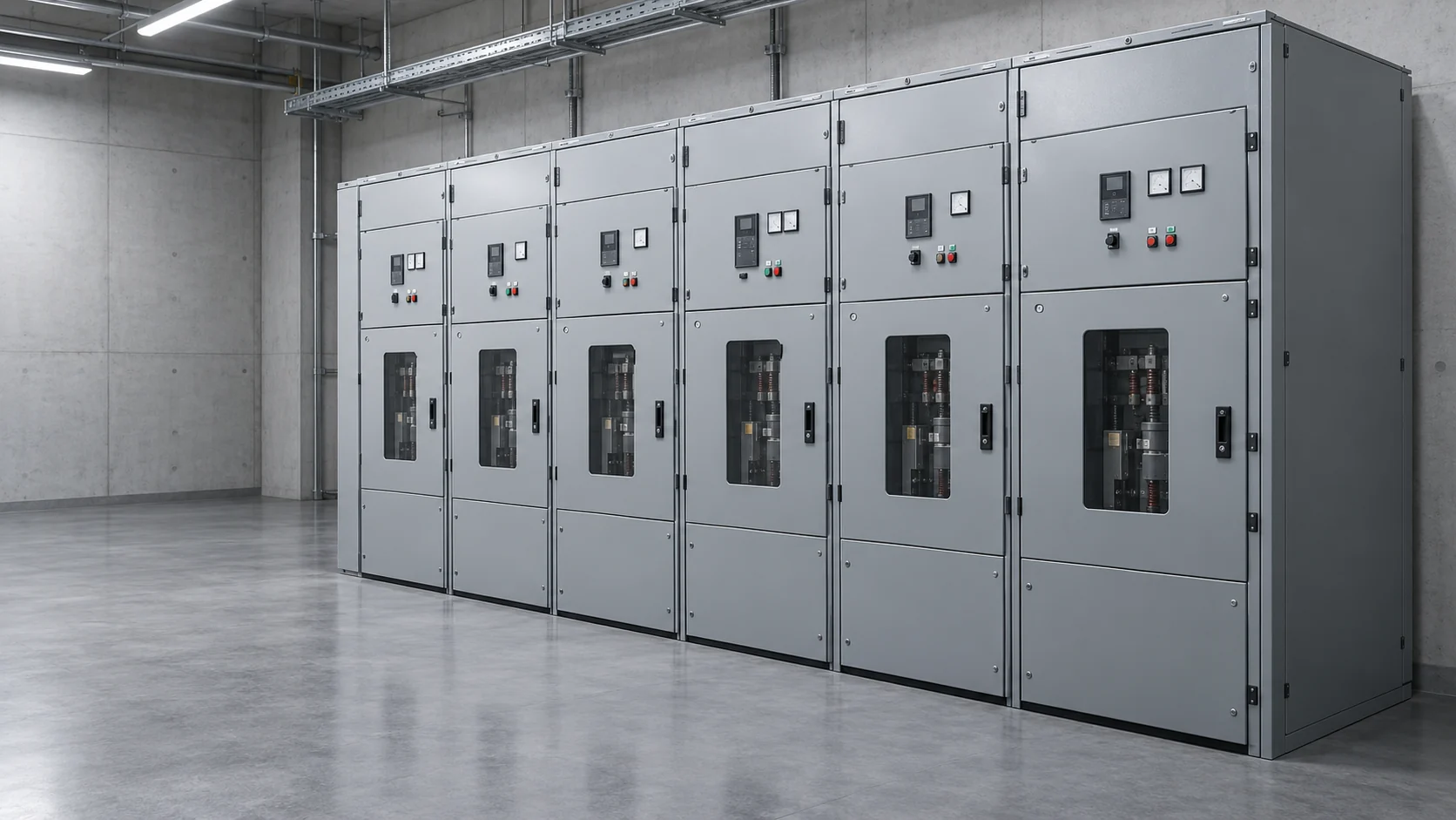 AI-generated illustration of a modern metal-enclosed switchgear lineup in a clean electrical room.