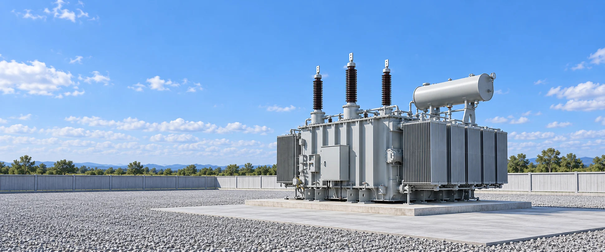 AI-generated illustration of a liquid-filled power transformer with radiator banks and insulating bushings on a clean concrete pad.
